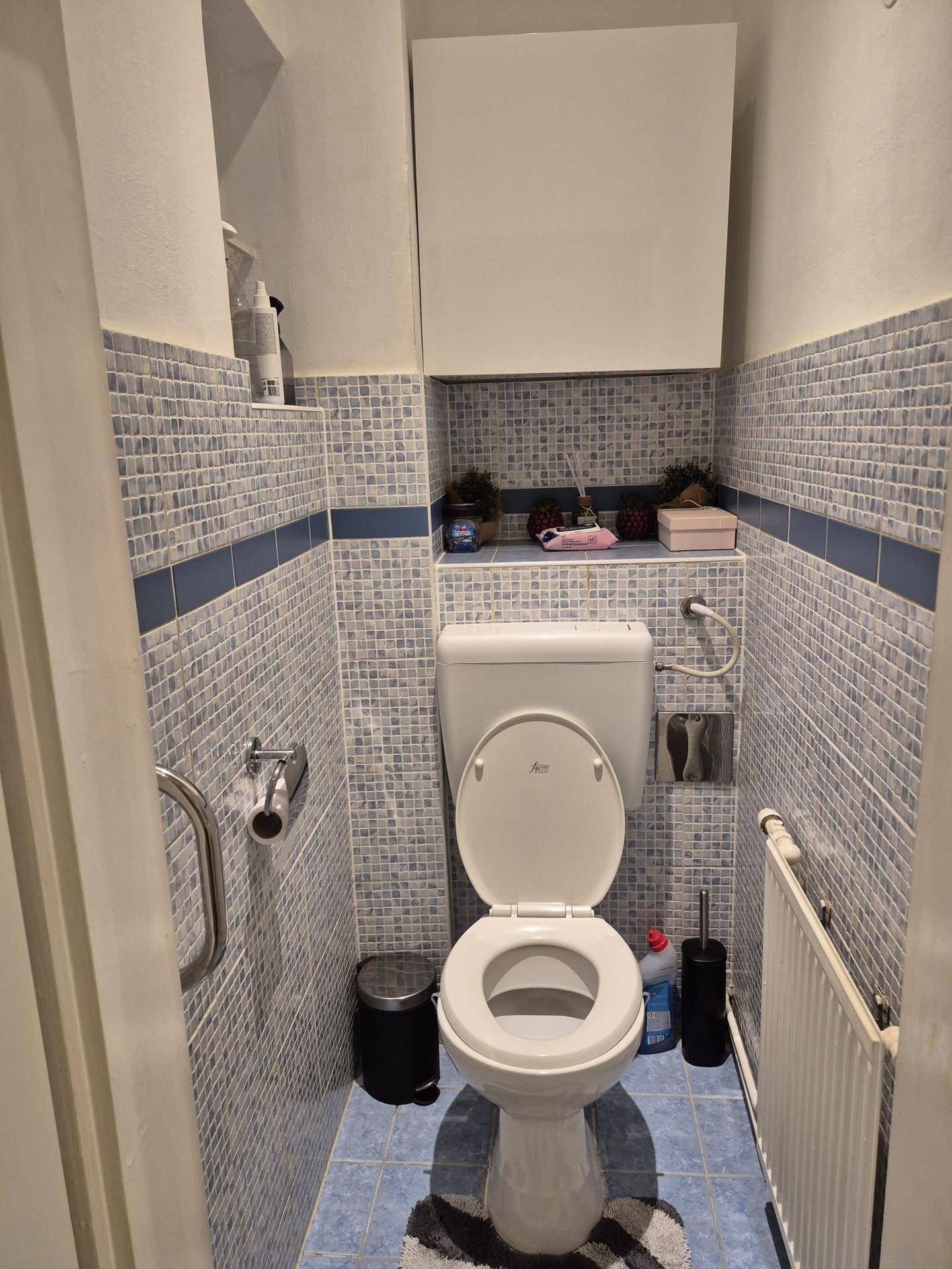 Kleines Gäste-WC mit blauen Mosaikfliesen und einer wandmontierten Toilette.