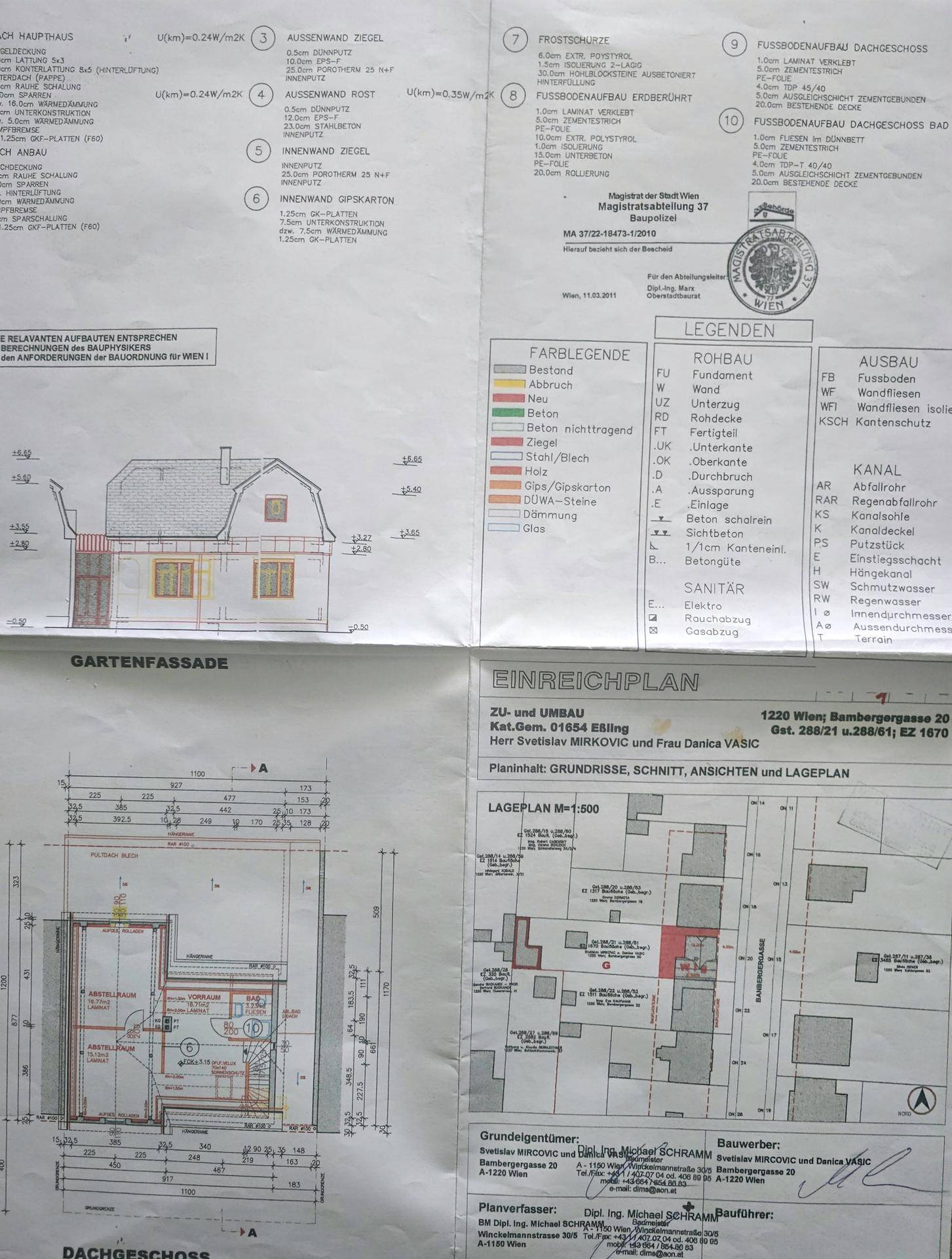 Umfassender Einreichplan mit Gartenfassade, Dachgeschossgrundriss und Lageplan.