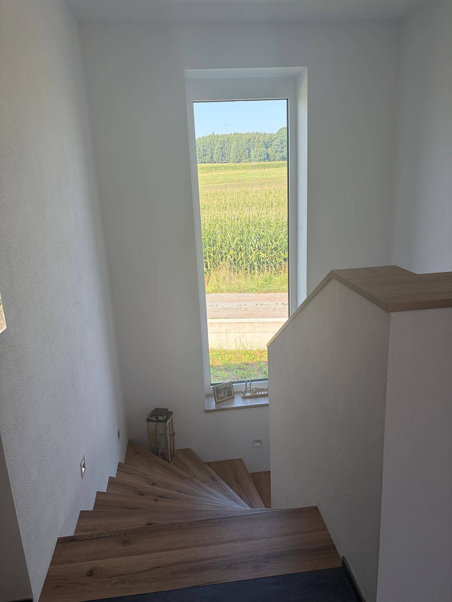 Heller Treppenaufgang mit Holzstufen und einem hohen Fenster mit Blick auf die Landschaft.