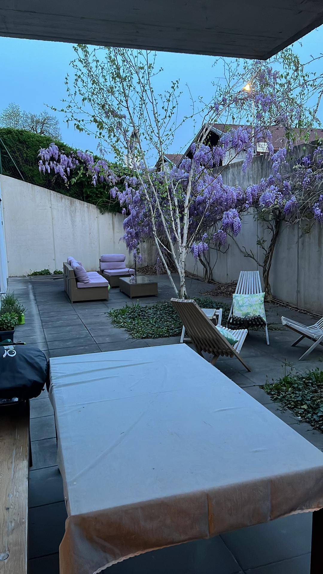 Geräumige Terrasse mit Sitzgelegenheiten, Esstisch und blühenden Bäumen im Frühling.