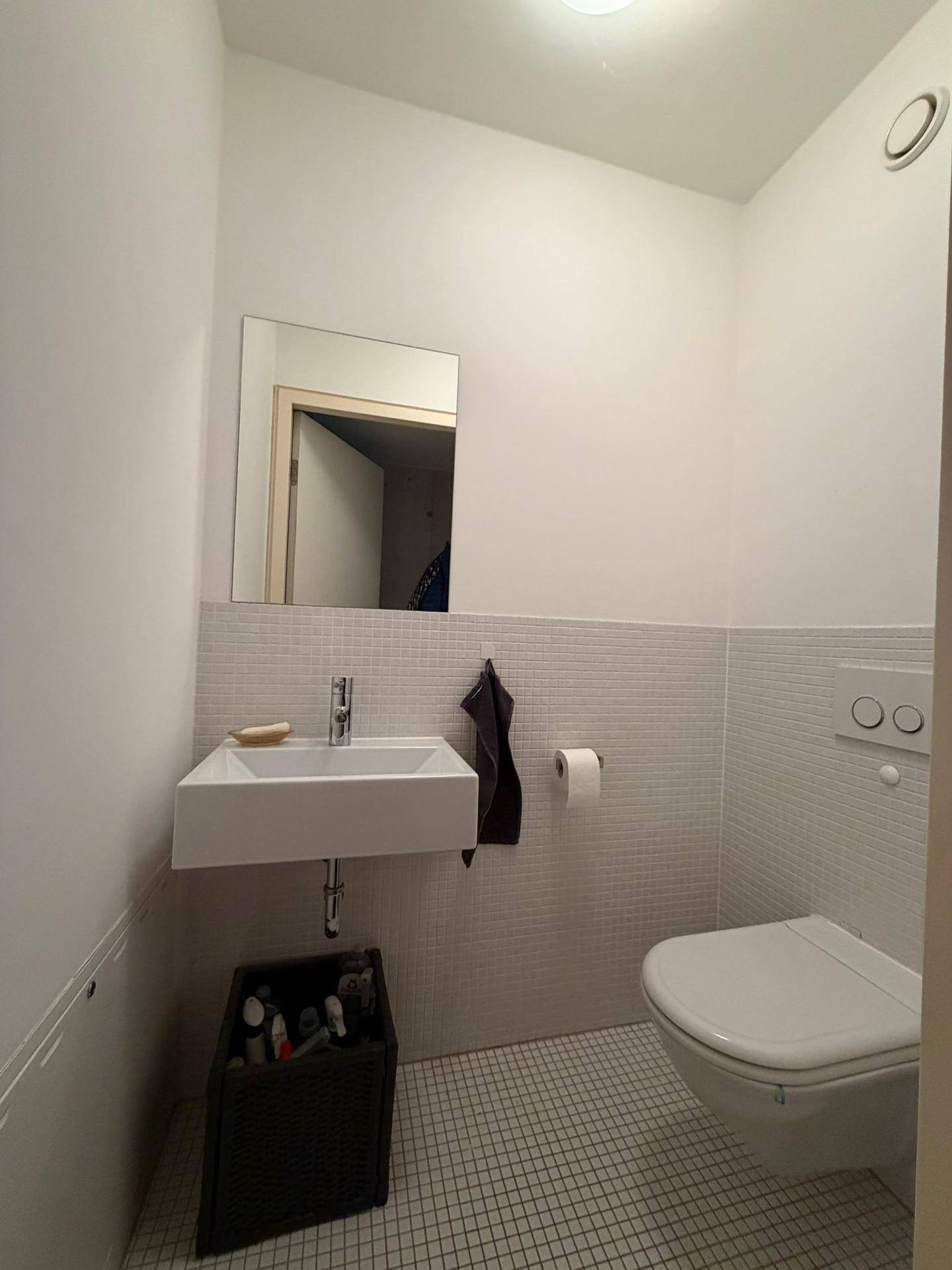 Modernes Gäste-WC mit Wand-WC, kleinem Waschbecken und weißen Fliesen.