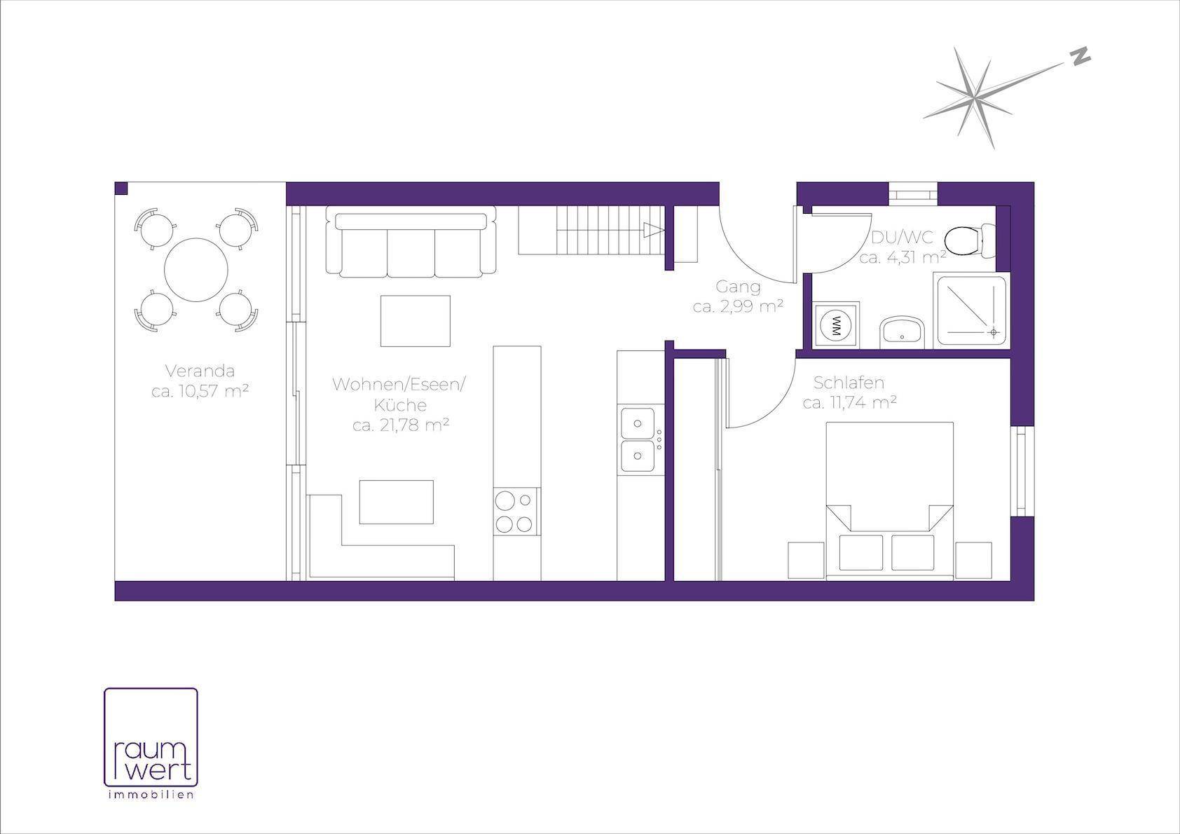 Grundriss des Erdgeschosses mit Wohn-/Ess-/Kochbereich, Schlafzimmer und Veranda.