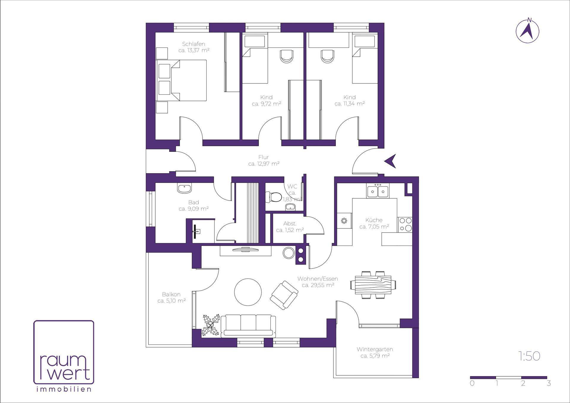 Detaillierter Grundriss einer Wohnung mit drei Schlafzimmern, Balkon und Wintergarten.