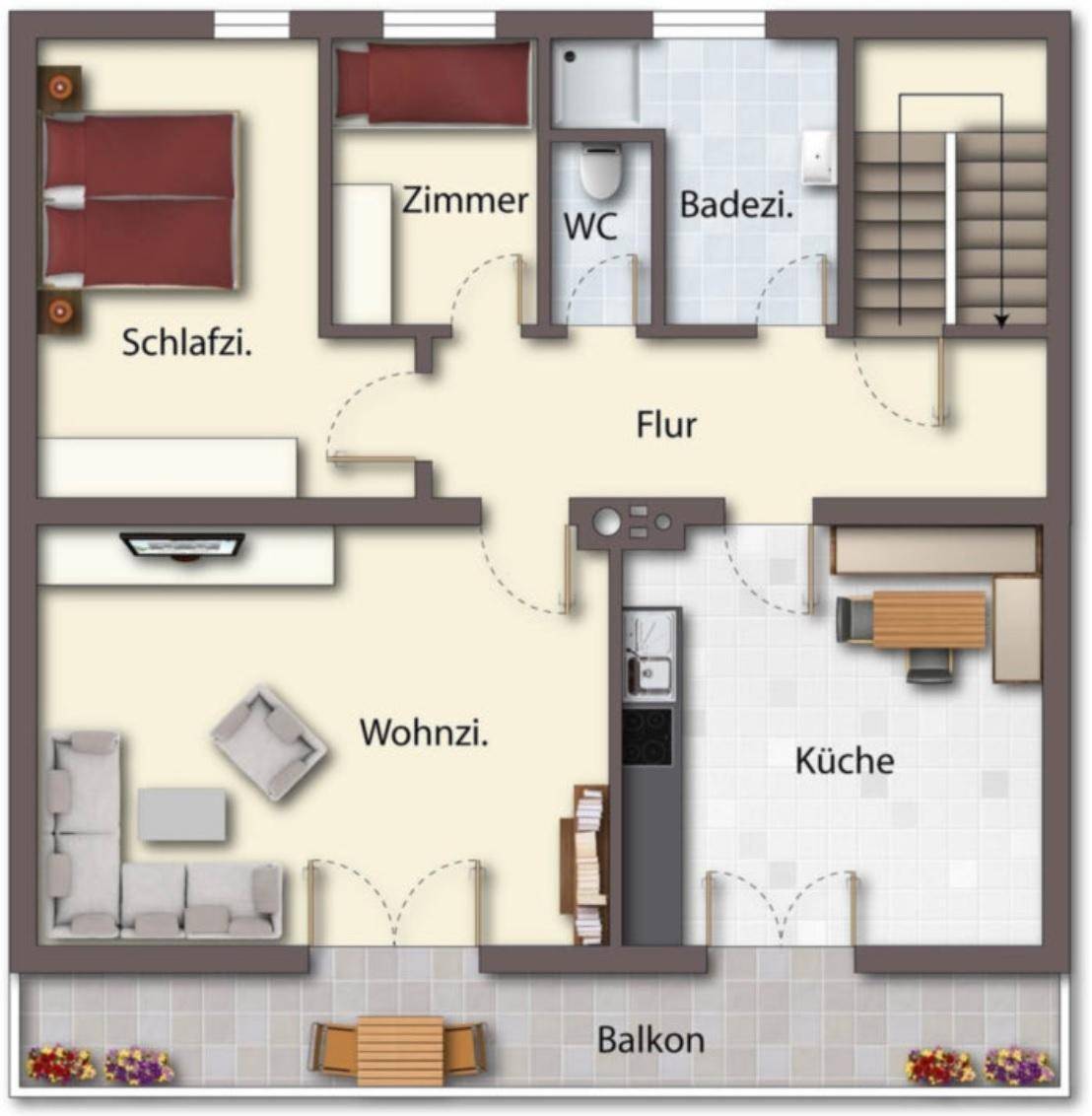 Detaillierter Grundriss einer Wohnung mit Schlafzimmern, Wohnzimmer, Küche und Balkon.
