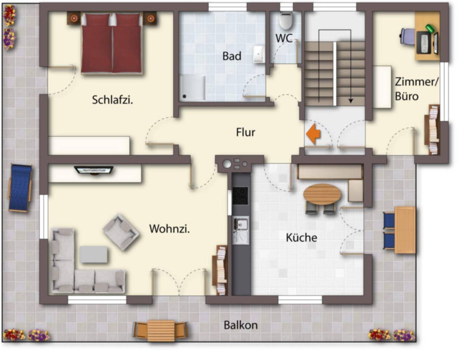 Detaillierter Grundriss mit Schlafzimmer, Wohnzimmer, Küche, Bad, WC, Büro und Balkon.