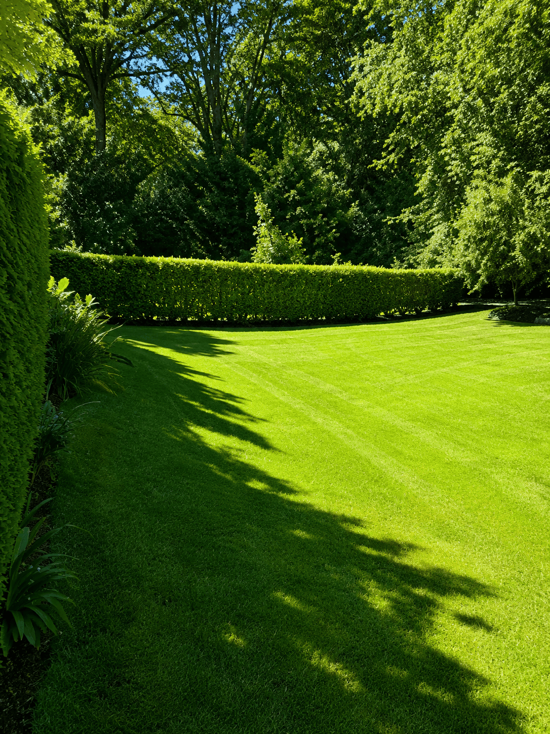 Nahaufnahme eines gepflegten Rasens und einer Hecke mit langen Schatten von Bäumen.