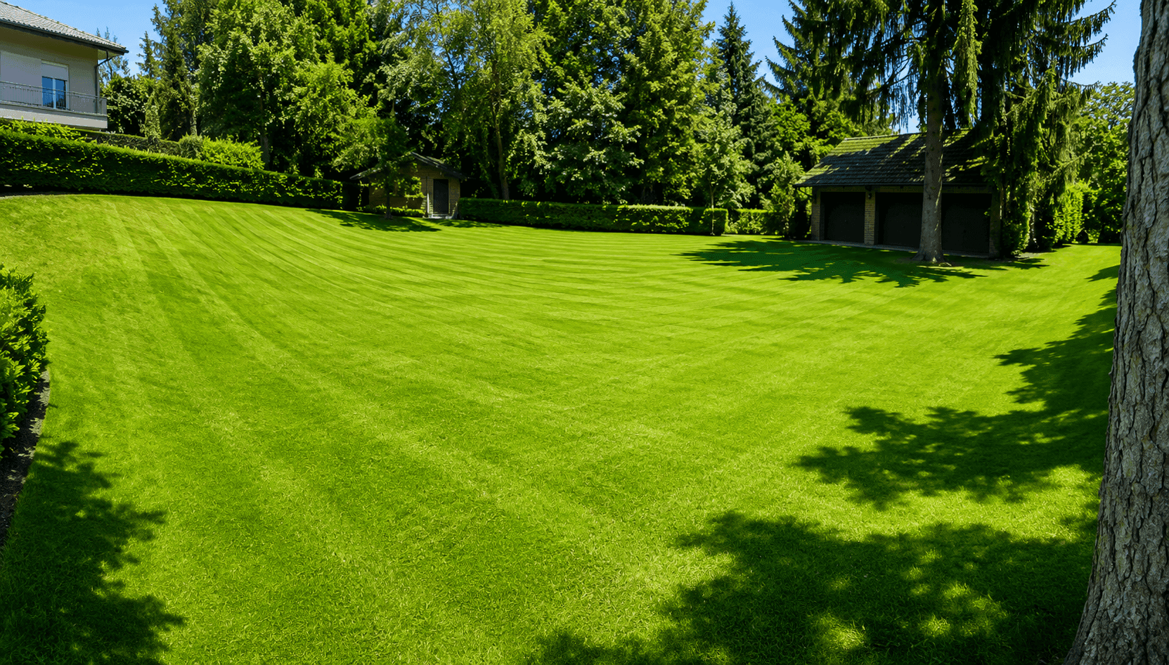 Ausgedehnter, sonniger Rasen mit Schattenwurf von Bäumen und einem Wohnhaus im Hintergrund.