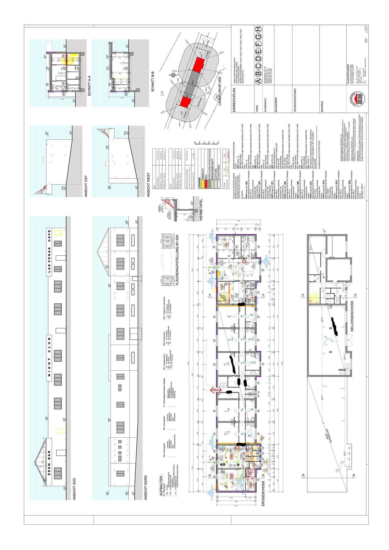 Detaillierter architektonischer Plan mit Grundrissen, Ansichten und Schnitten des Gebäudes.