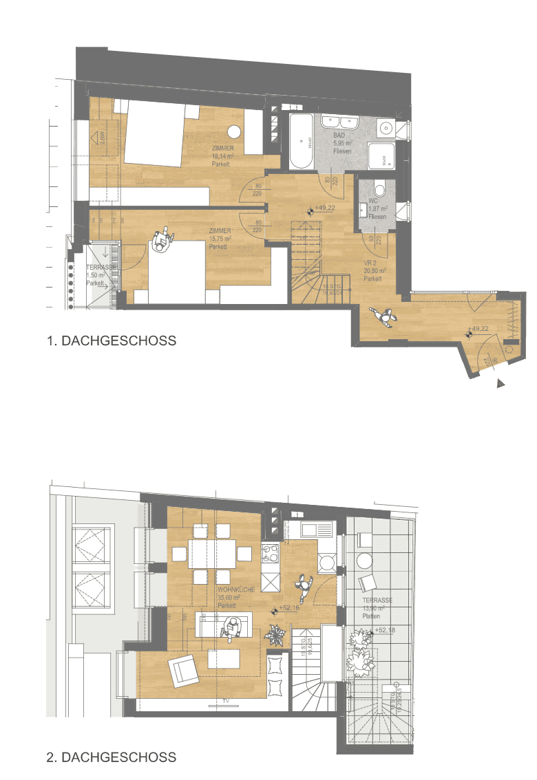 Grundrisspläne für das erste und zweite Dachgeschoss mit Zimmern, Bädern und Terrasse.