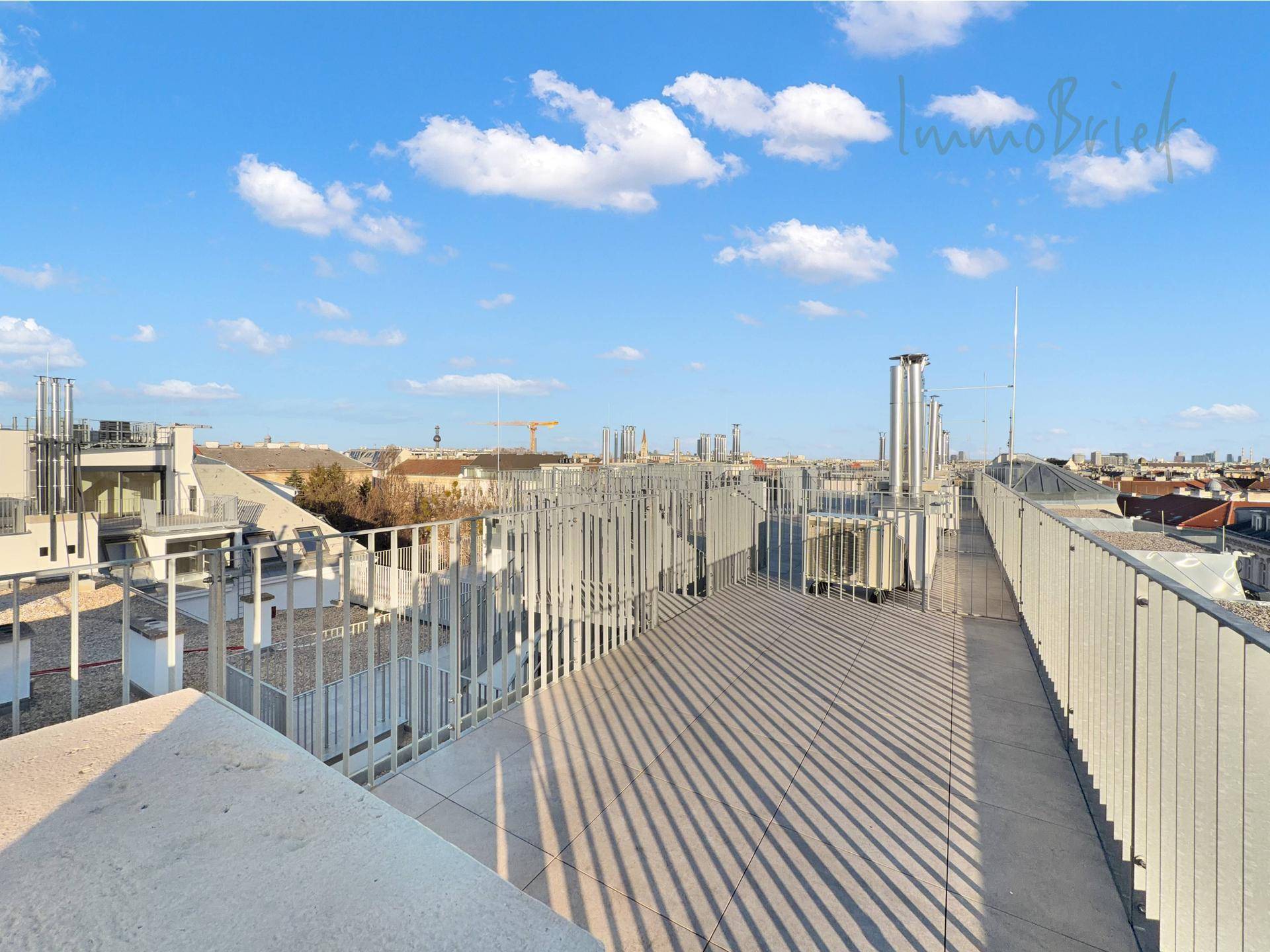 Große Dachterrasse mit weitem Blick über die städtische Skyline unter blauem Himmel.