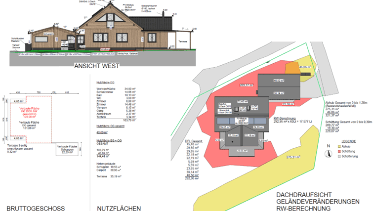 Architektonische Ansicht und Grundrissdarstellung mit Nutzflächenberechnung des geplanten Gebäudes.