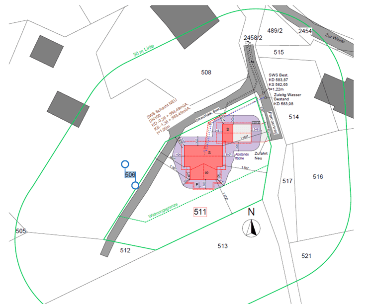 Lageplan des Grundstücks mit eingezeichnetem Neubau und Abstandsflächen zur Straße und Nachbarn.