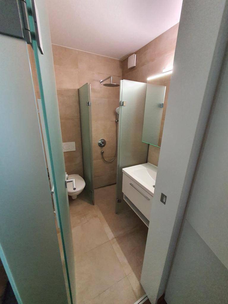 Modernes Badezimmer mit begehbarer Dusche, Regenbrause, WC und Waschtisch, durch Glastüren abgetrennt.