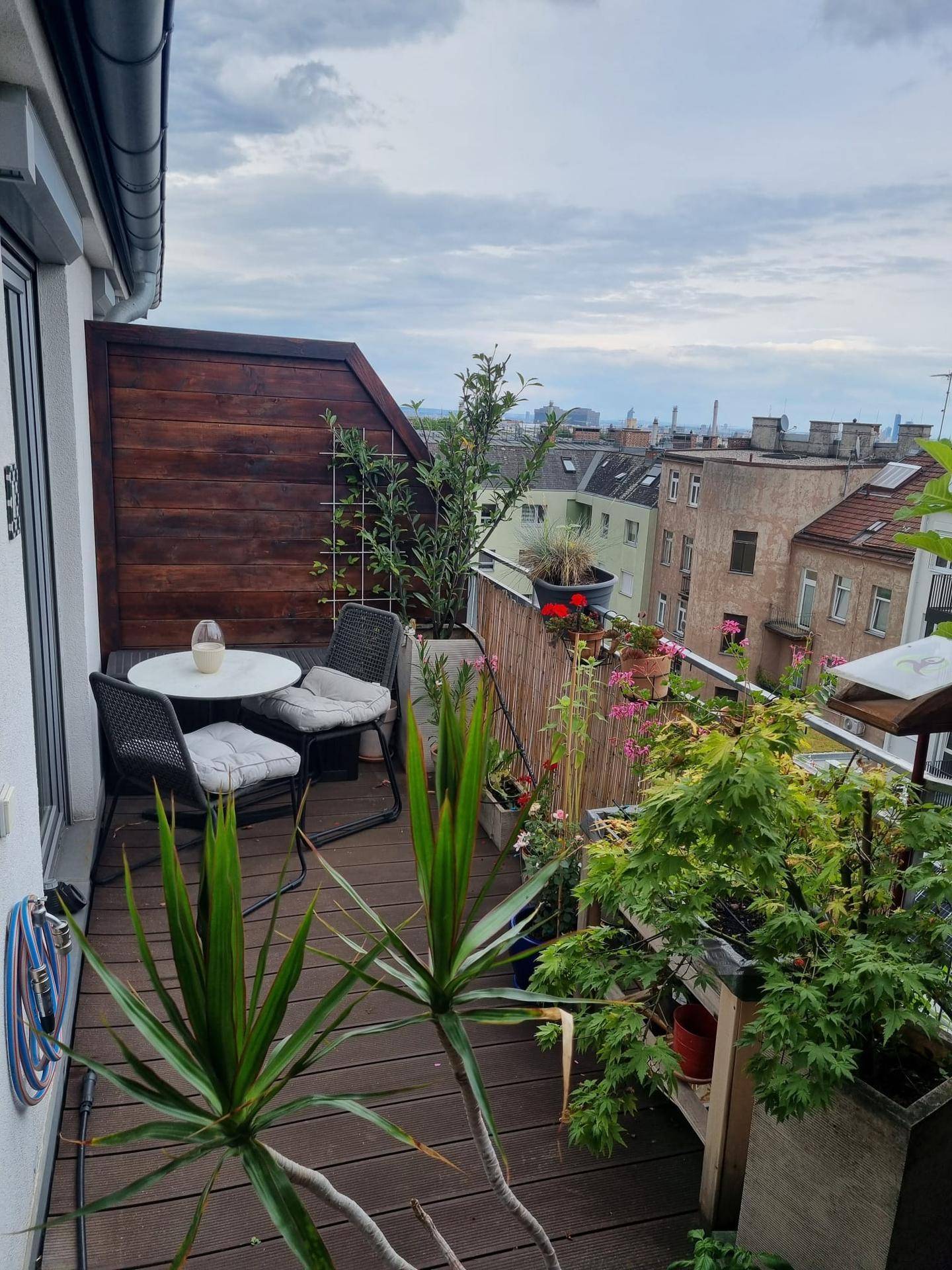 Gemütliche Dachterrasse mit Sitzgelegenheiten, vielen Pflanzen und einem Blick über die Stadt.
