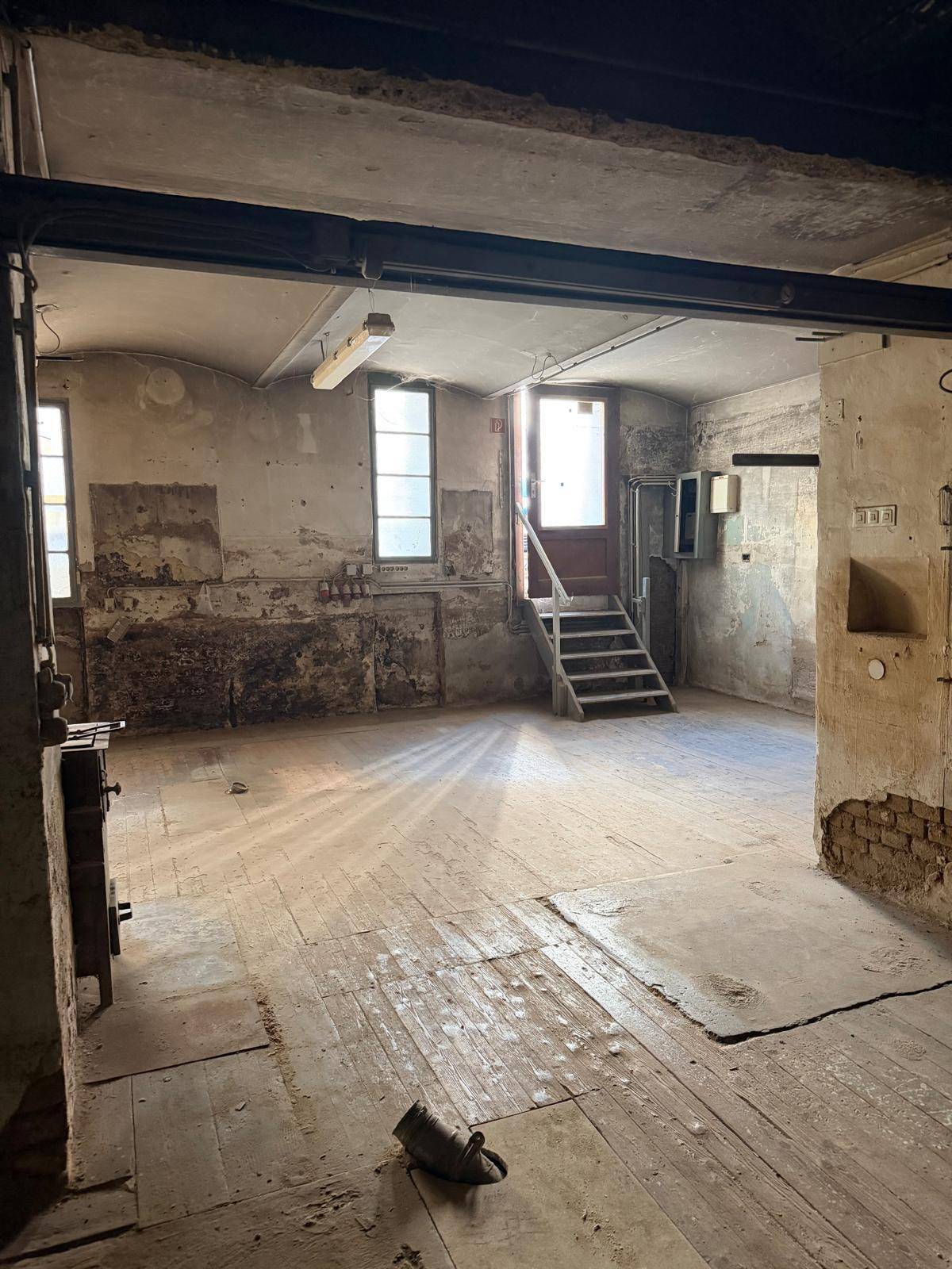 Geräumiger Kellerraum mit Holzdielenboden und sichtbaren Wänden, bereit für eine Umgestaltung.