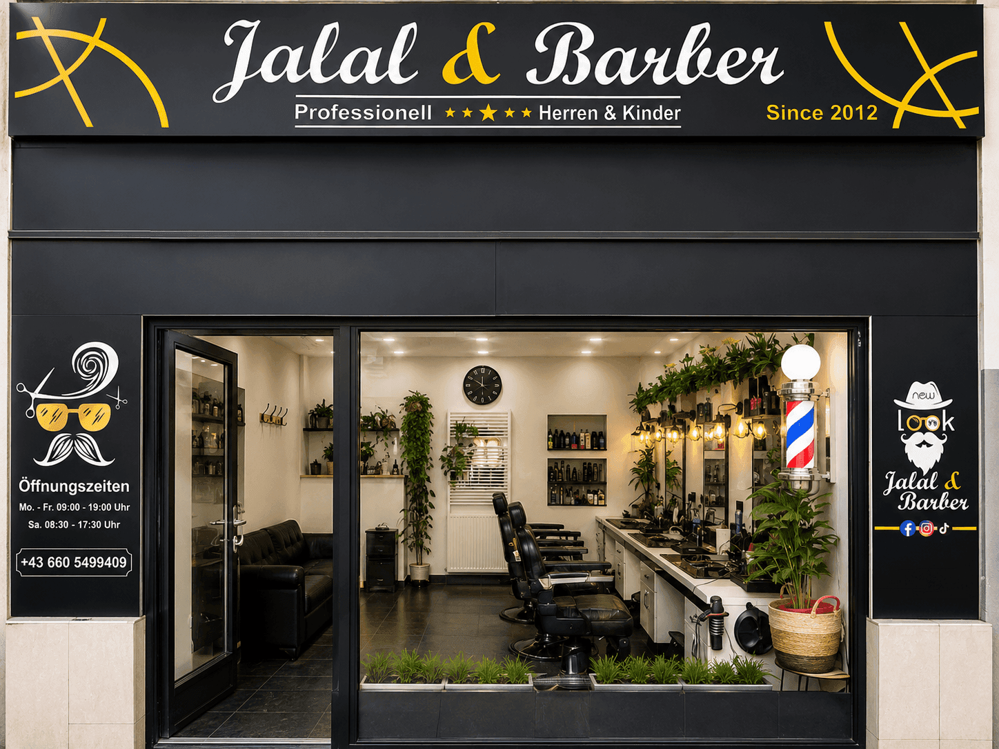 Die moderne Ladenfront des Friseursalons mit großen Schaufenstern und schwarzem Schild.