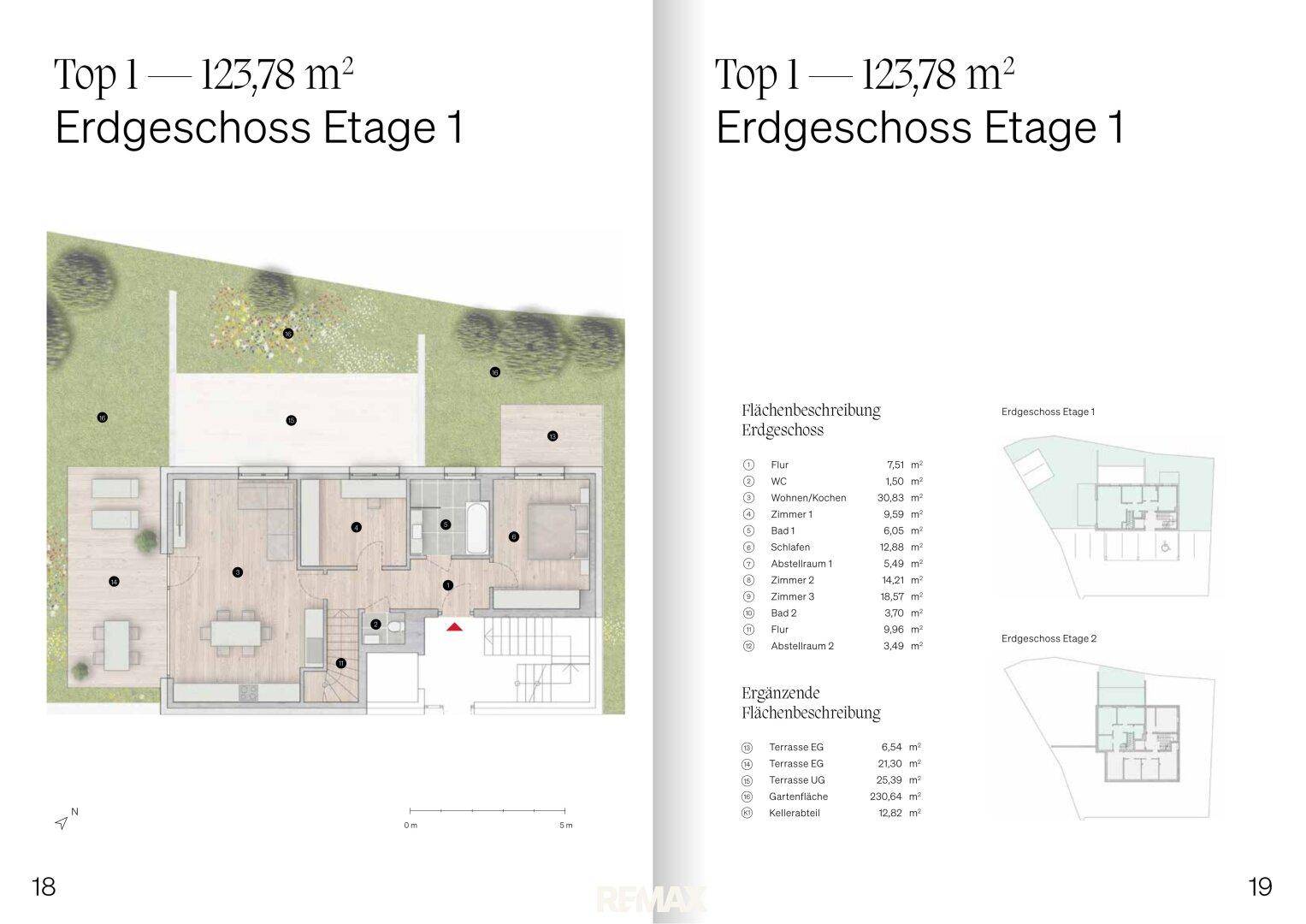 Grundriss des Erdgeschosses (Etage 1) mit offenem Wohnbereich, Terrasse und Garten.