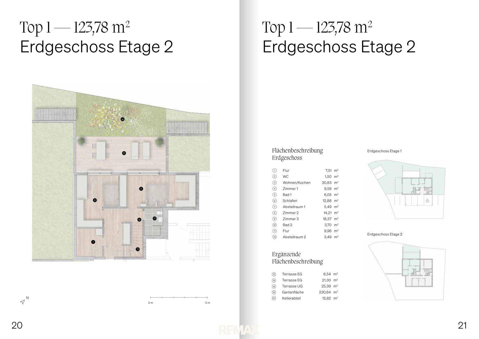 Grundriss des Erdgeschosses (Etage 2) mit Terrasse und Garten, bietet eine andere Raumaufteilung.