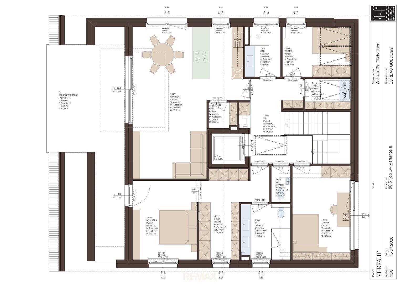 Detaillierter Grundriss einer Wohnung mit mehreren Zimmern und einer großen Terrasse.