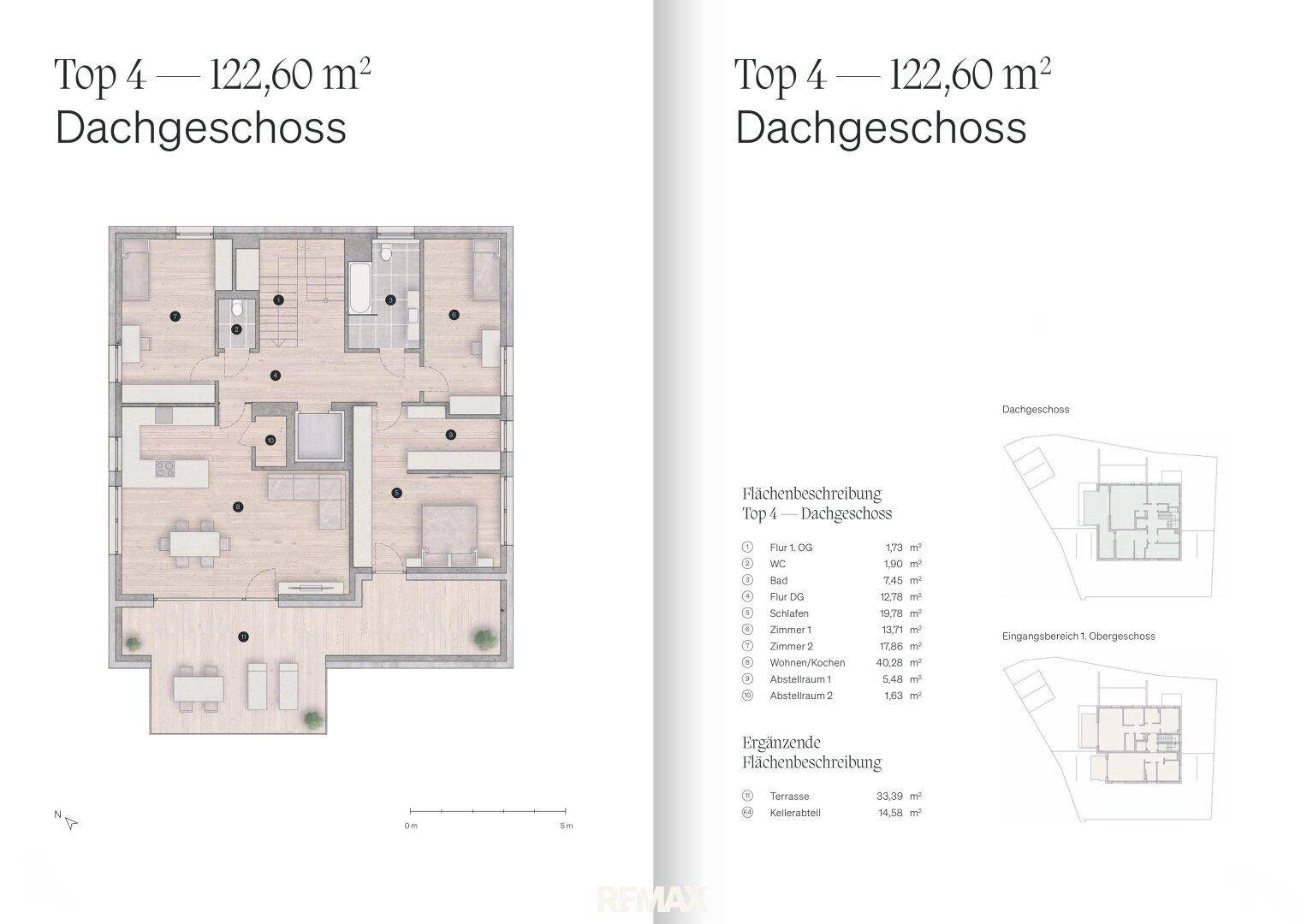 Grundriss des Dachgeschosses mit Flächenbeschreibung und weiteren Detailansichten.