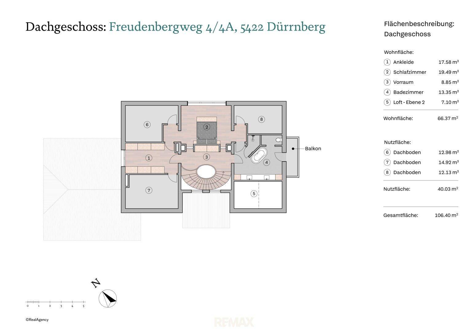 Grundriss des Dachgeschosses mit Schlafzimmer, Ankleide und Bad, inklusive Balkon.