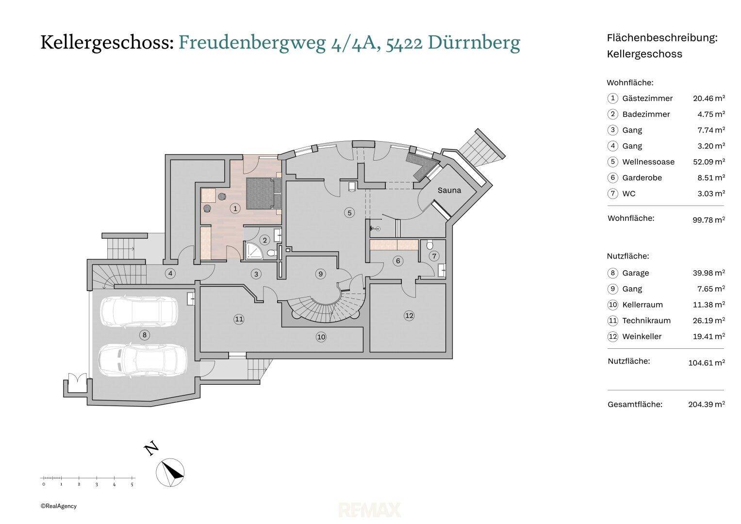 Grundriss des Kellergeschosses mit Gästezimmer, Wellnessbereich, Sauna und Weinkeller.