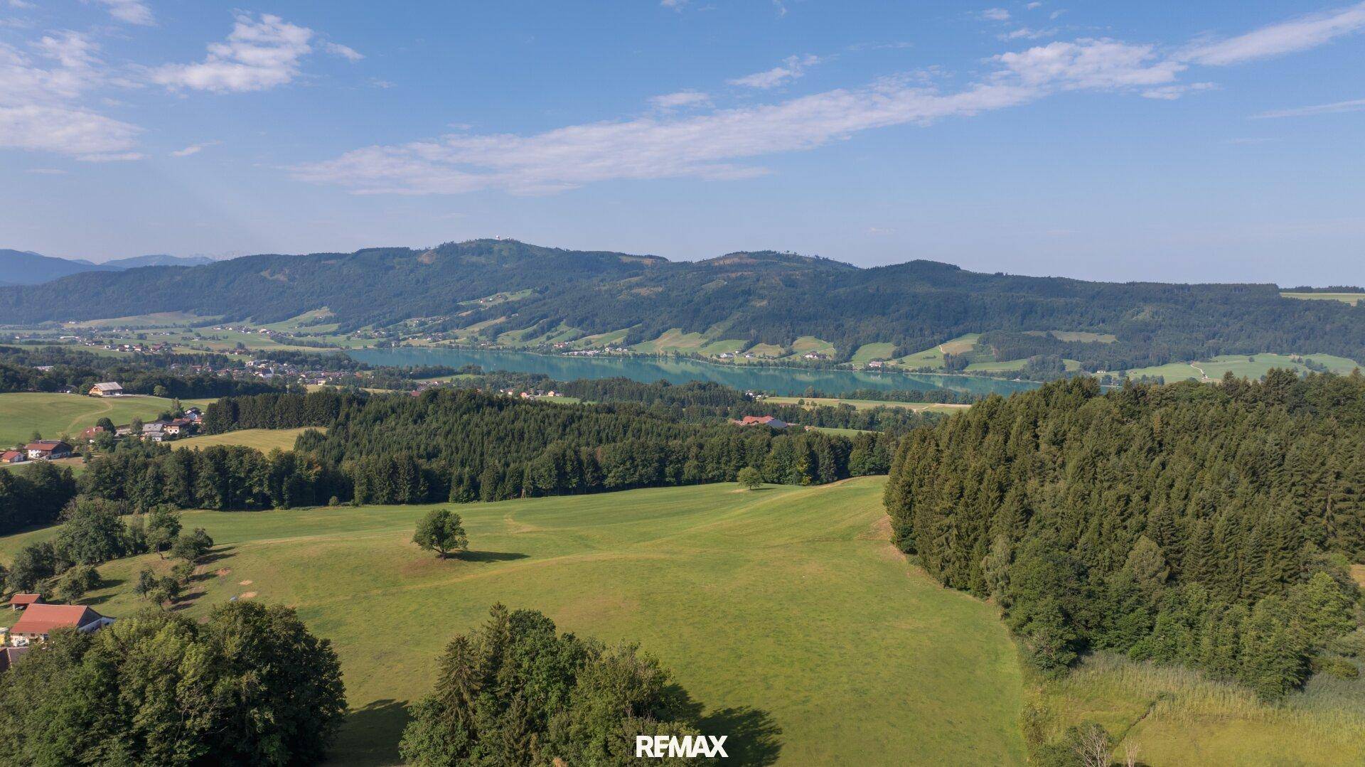 Panoramablick über eine weite, grüne Landschaft mit einem großen See, Wäldern und sanften Hügeln unter blauem Himmel.