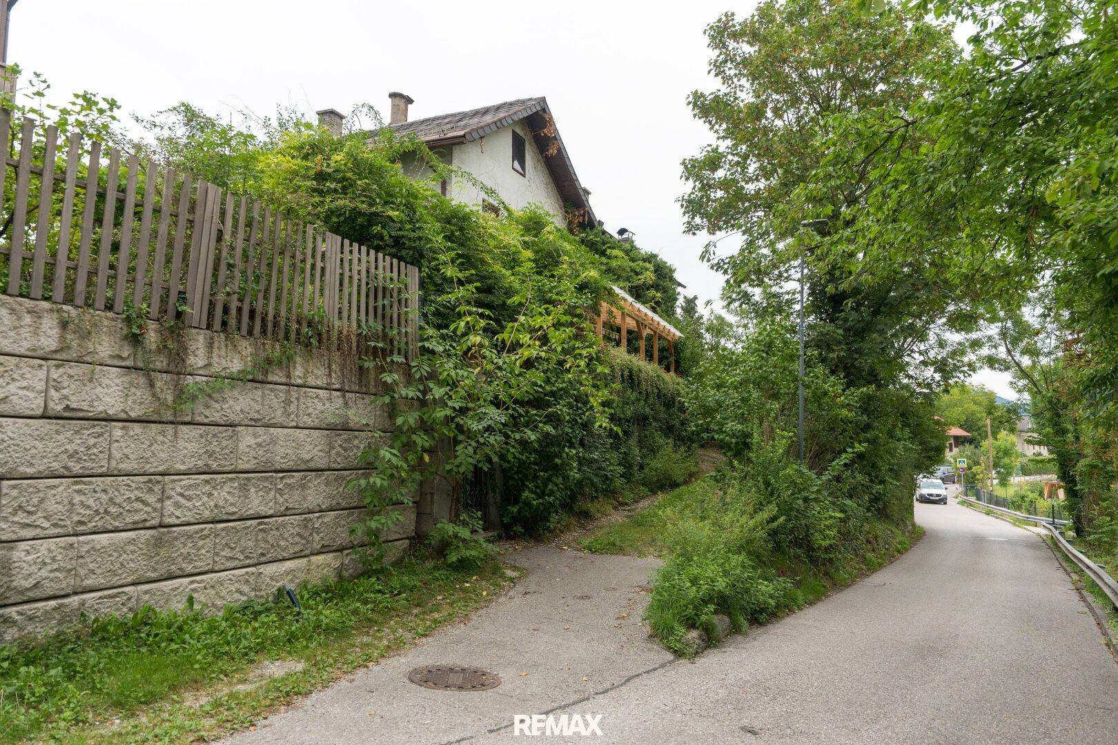 Zugangsweg zum Haus mit Stützmauer, umgeben von üppiger Vegetation und einer Straße.