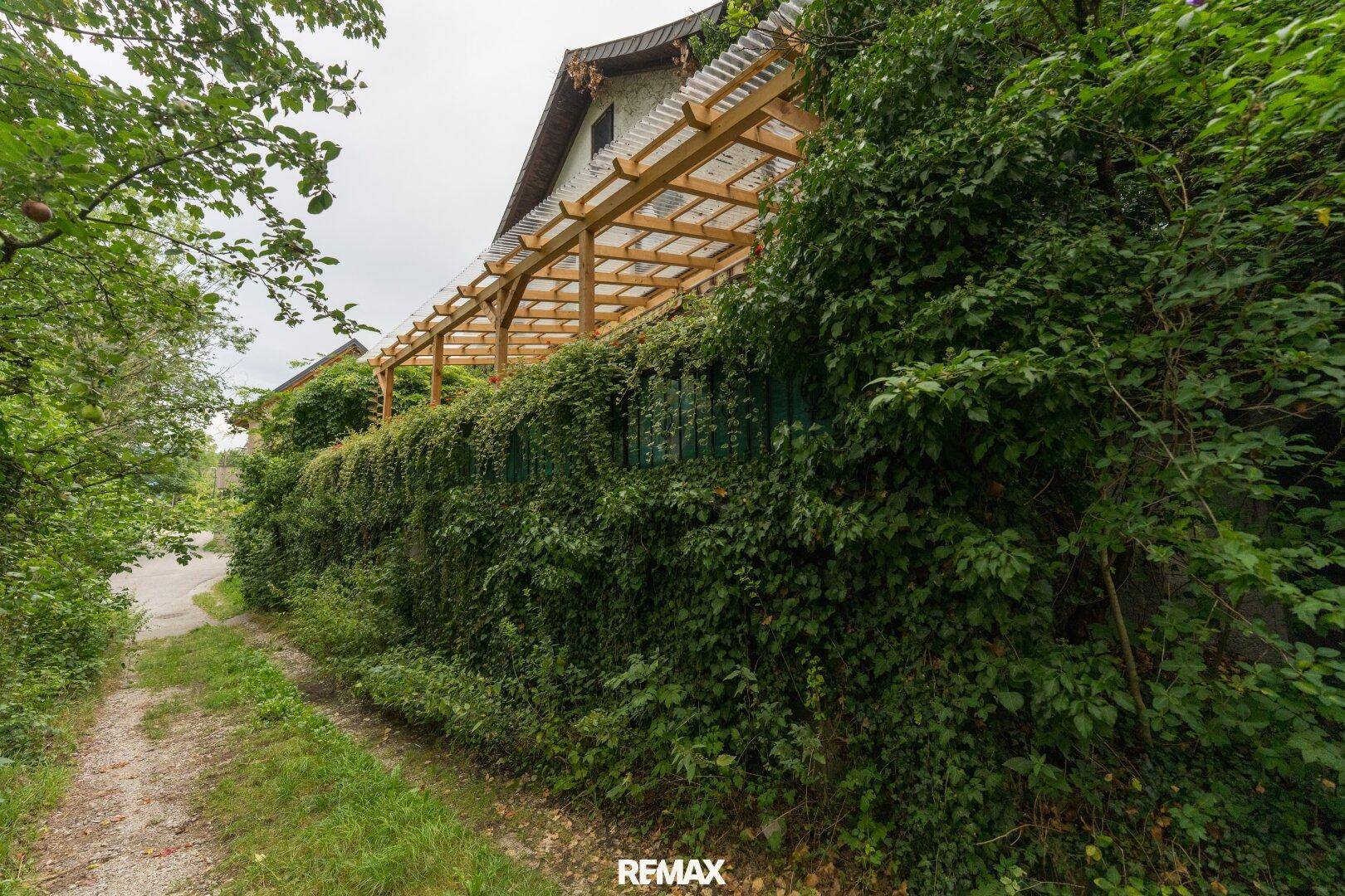 Hausfassade mit Holzpergola, dicht bewachsen mit Kletterpflanzen, entlang eines Feldwegs.