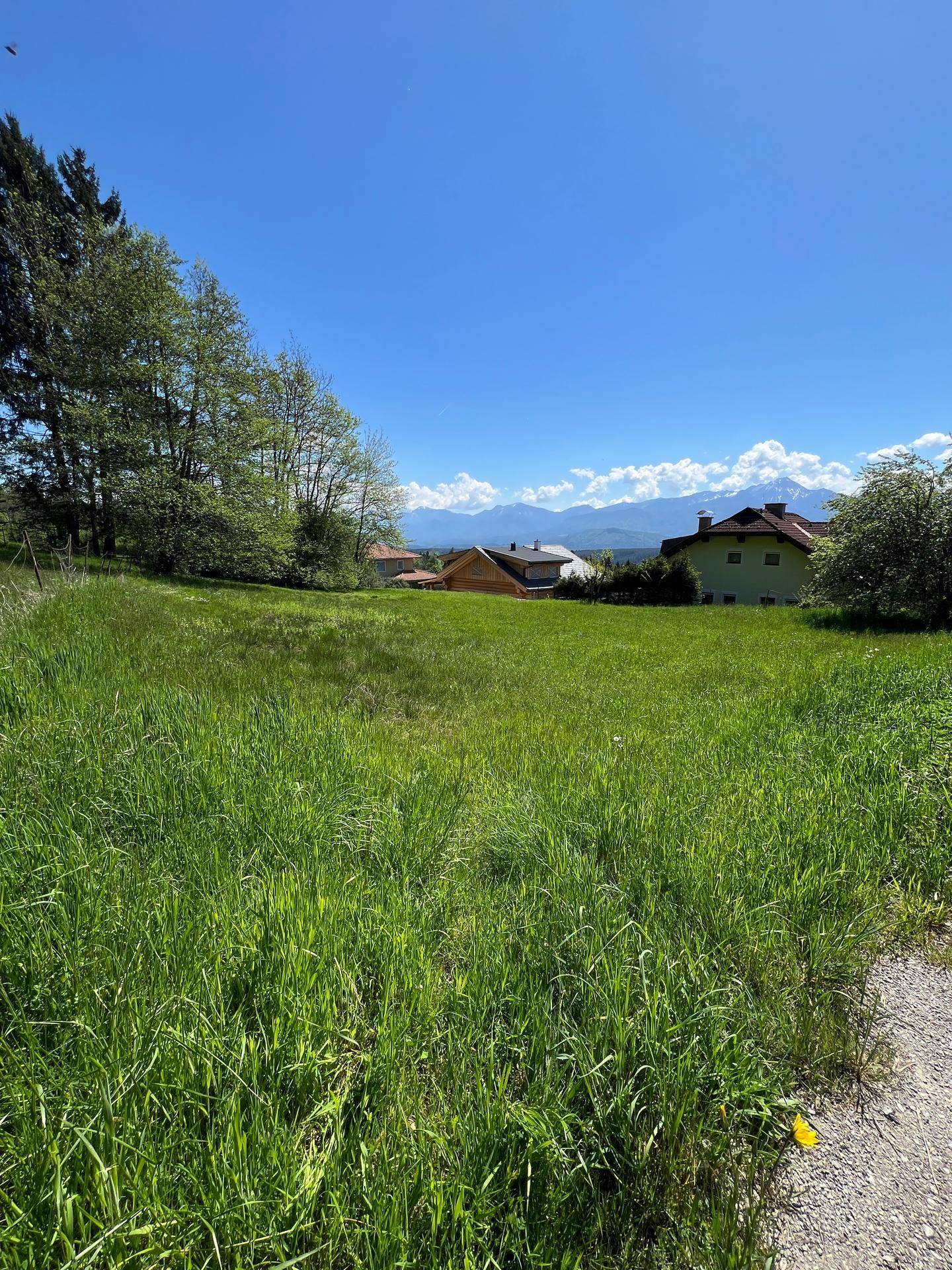 Weitläufiges grünes Grundstück mit Fernblick auf die Berge an einem sonnigen Frühlingstag.