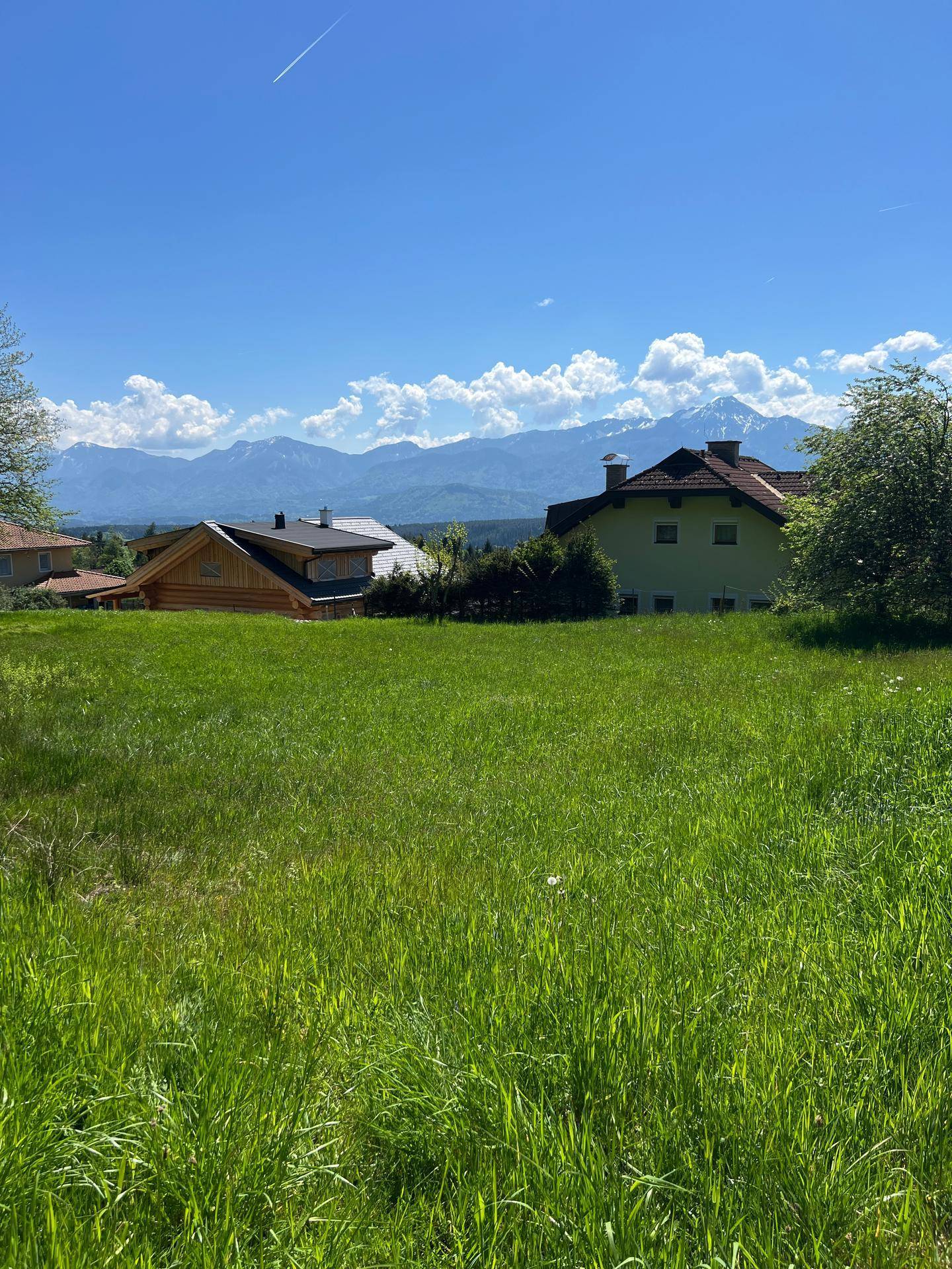 Saftig grüne Wiese mit Häusern im Hintergrund und majestätischem Bergblick unter klarem Himmel.