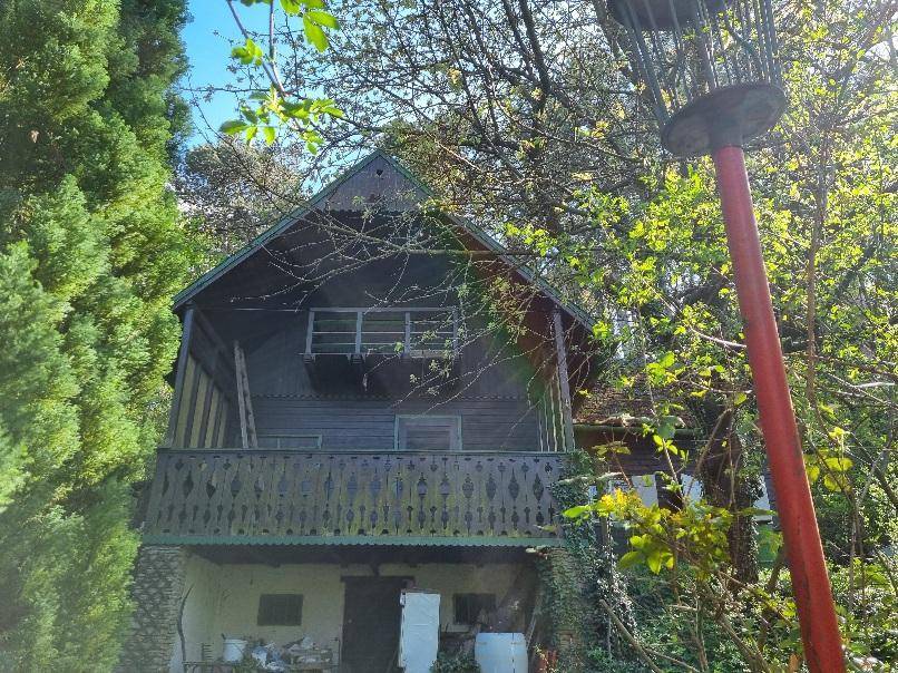 Rustikales Holzhaus mit traditionellem Balkon und dekorativem Geländer, umgeben von Bäumen.