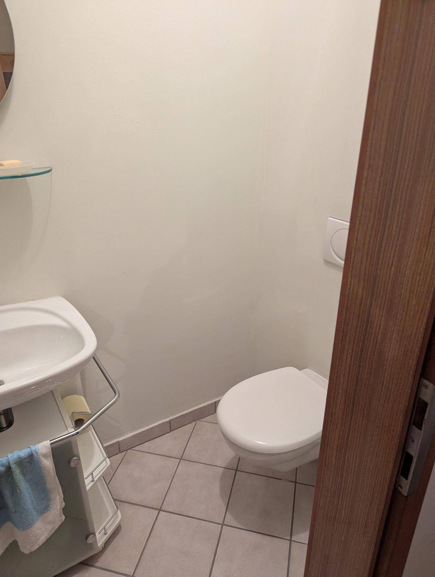 Modernes Gäste-WC mit wandhängender Toilette und kleinem Waschbecken.