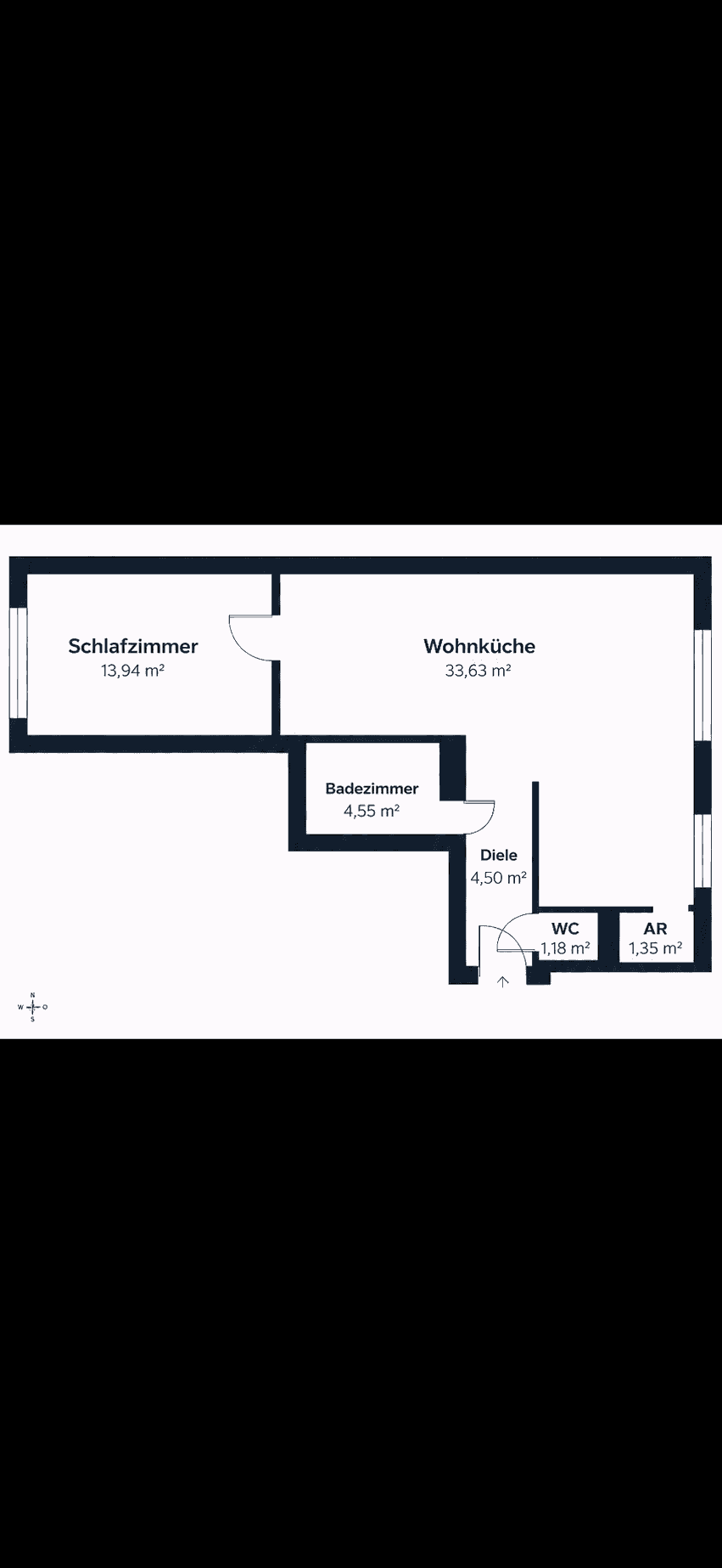 Grundriss der Wohnung mit Schlafzimmer, Wohnküche, Bad, Diele, WC und Abstellraum.