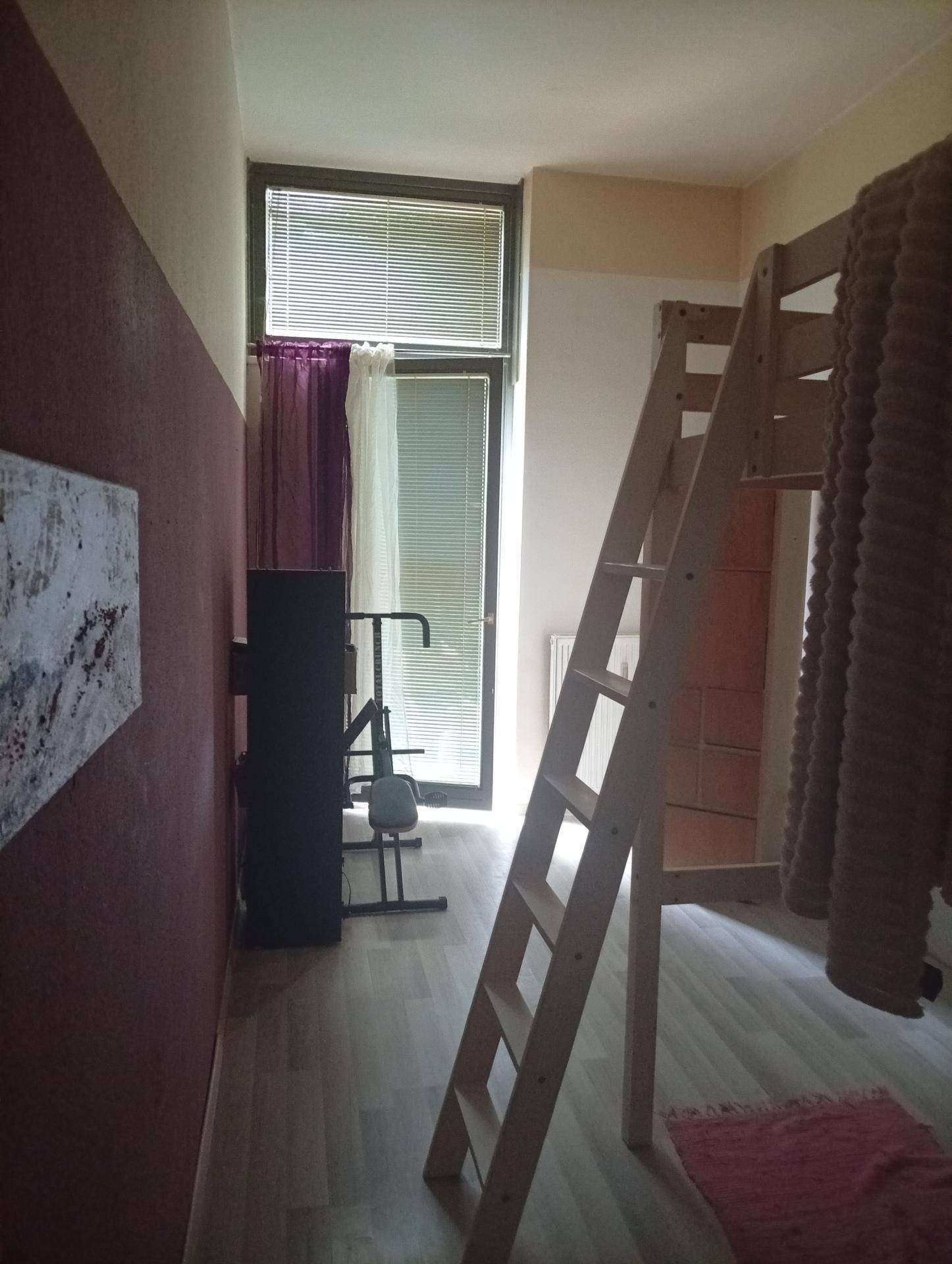 Schlafzimmer mit Hochbett, Leiter, Fenster mit Jalousien und etwas Sportausrüstung.