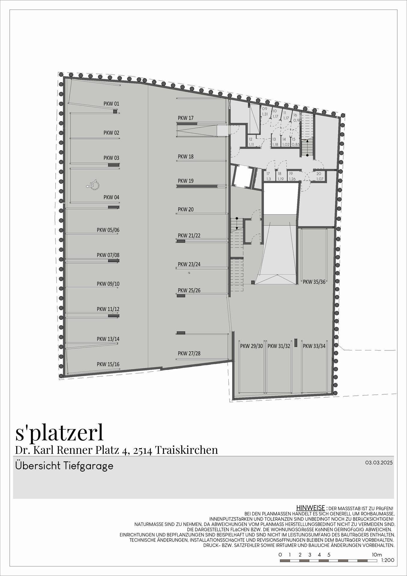 Übersichtsplan einer Tiefgarage mit zahlreichen Stellplätzen und Zufahrten für Fahrzeuge.