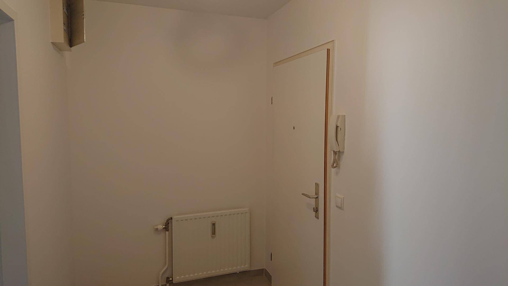 Eingangsbereich mit weißer Tür, Gegensprechanlage und Heizkörper an der Wand.