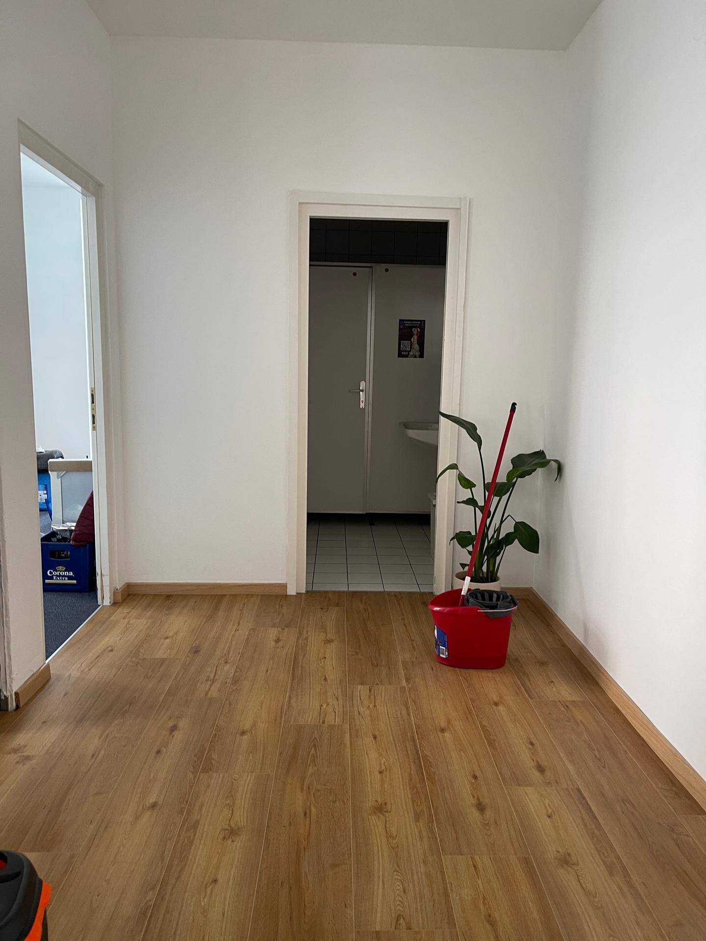 Heller Flur mit Laminatboden, weißen Wänden und einer Tür, die zu einem weiteren Raum führt.