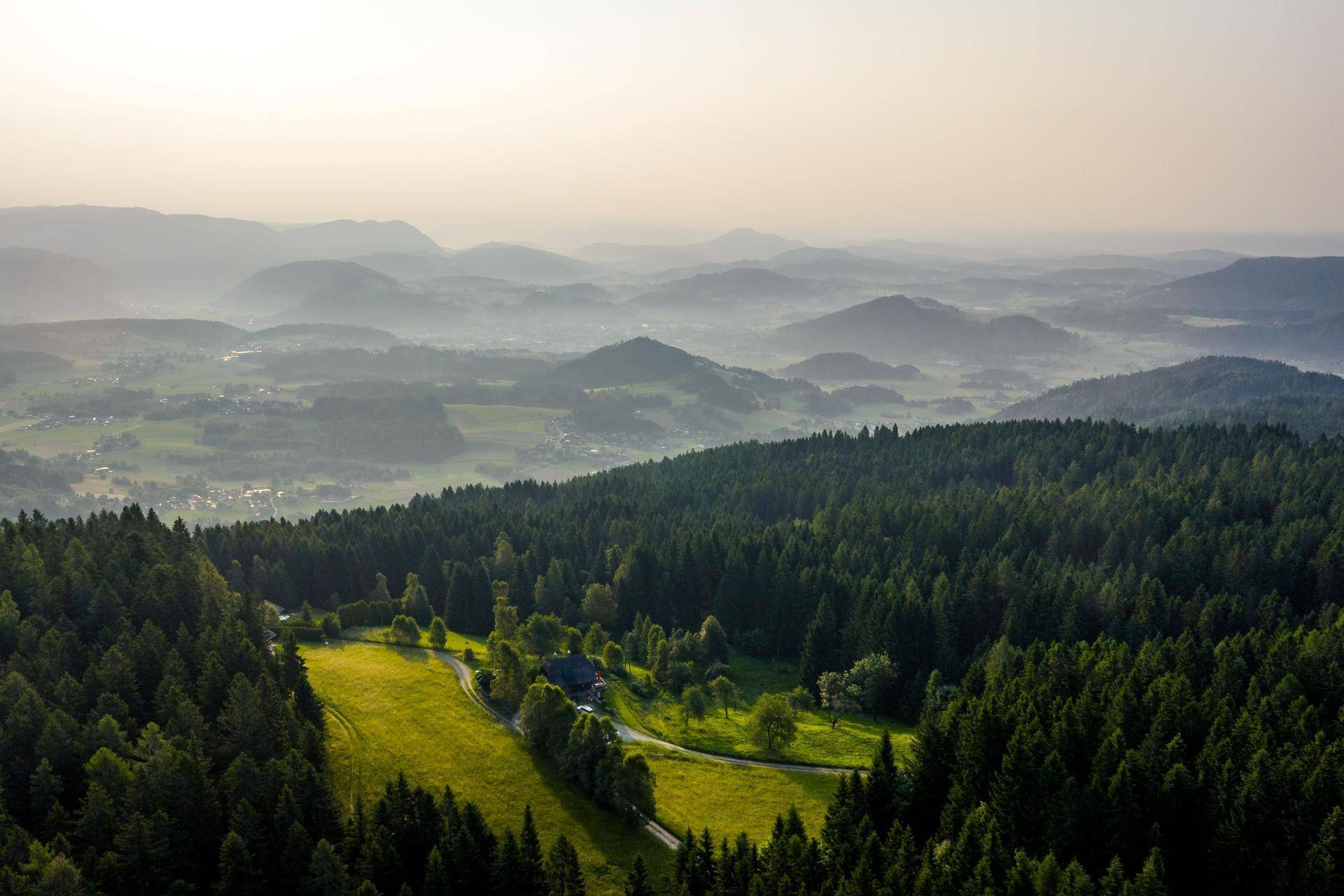 Sonniger Ausblick über bewaldete Hügel, grüne Felder und eine weite Berglandschaft am Horizont.