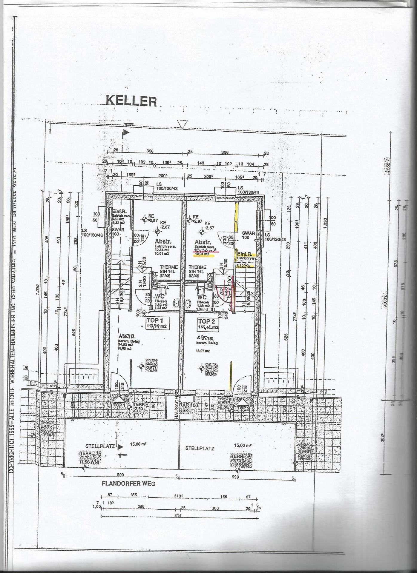 Grundriss des Kellers mit Abstellräumen, Technik und Stellplätzen.