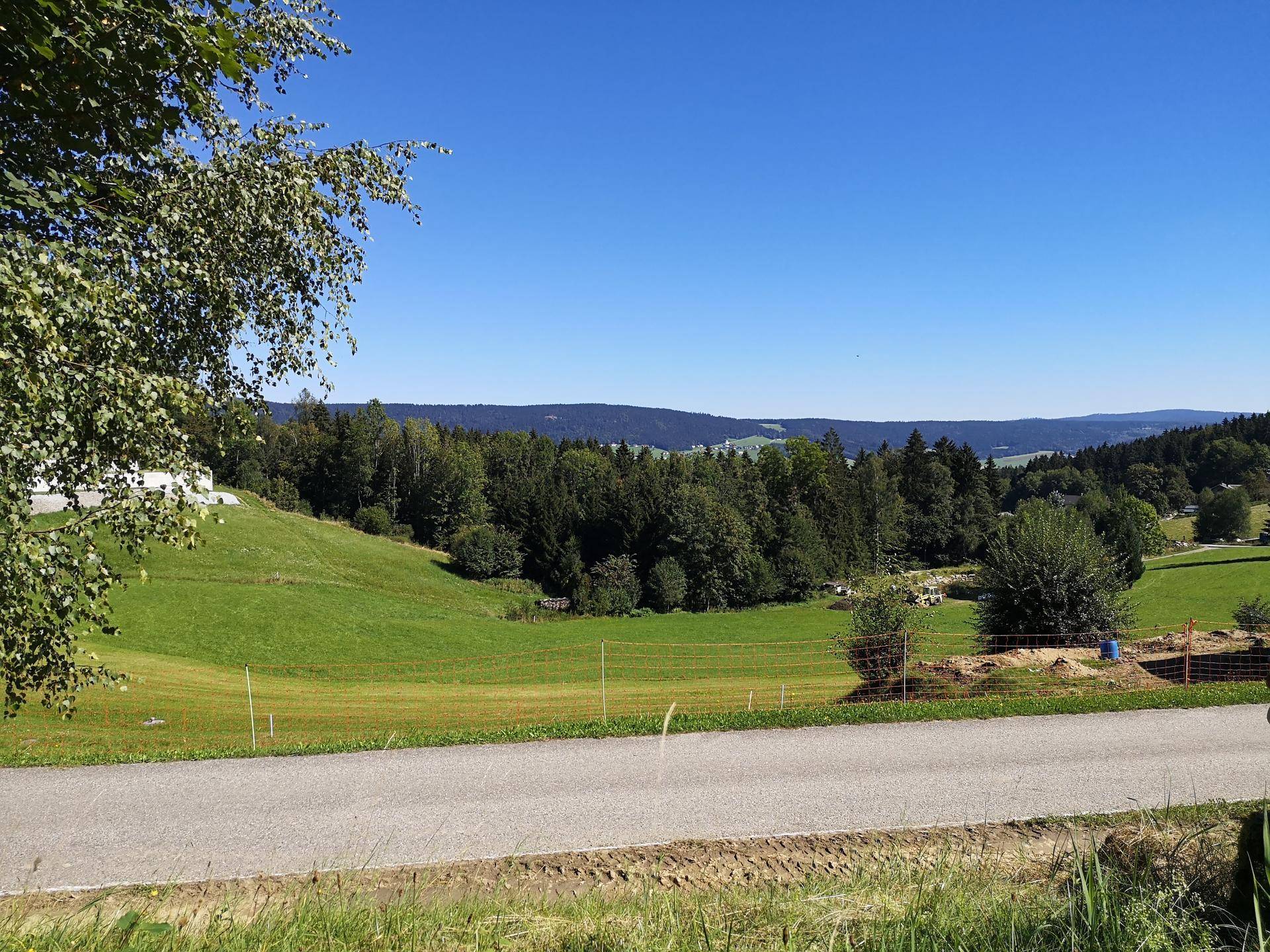 Panoramablick über eine ländliche Straße, grüne Wiesen und bewaldete Hügel in der Ferne bei klarem Wetter.