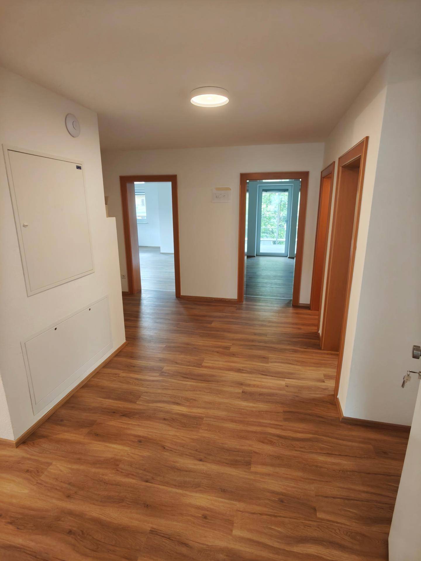 Heller Flur mit Laminatboden und mehreren Türen zu den angrenzenden Räumen.