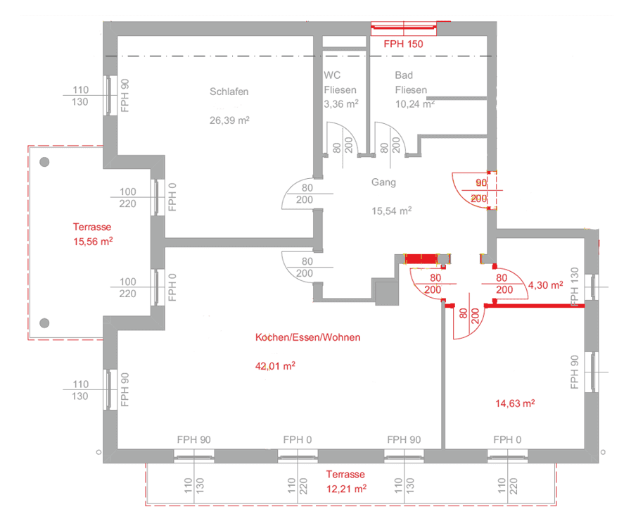 Grundriss der Wohnung mit zwei Terrassen, Schlafzimmer, Bad und offenem Wohnbereich.