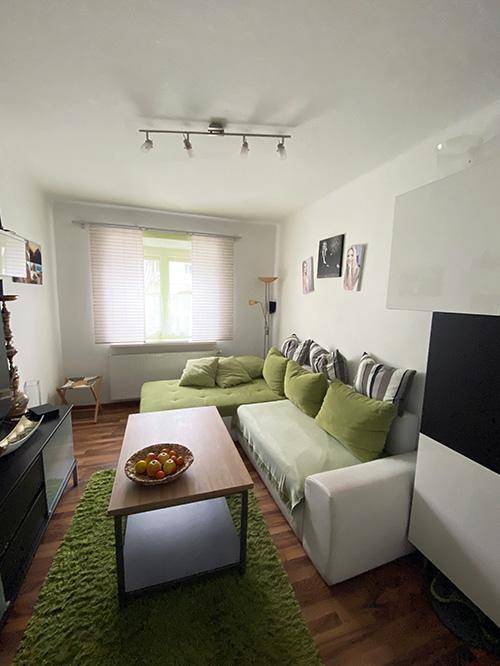 Wohnzimmer mit bequemen Sofas, Couchtisch und Blick nach draußen.