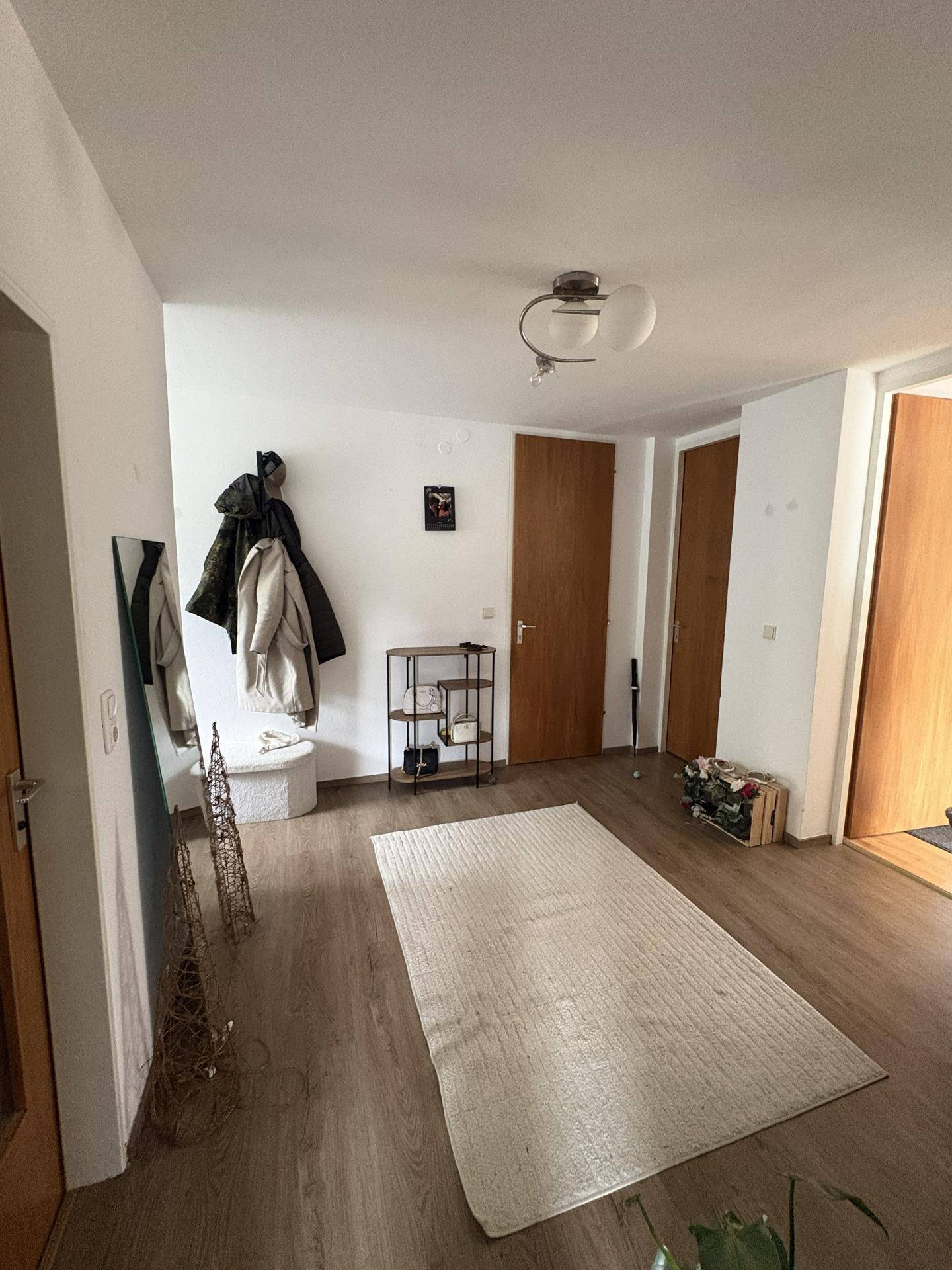 Geräumiger Eingangsbereich mit Laminatboden, Garderobe und mehreren Türen zu den Zimmern.