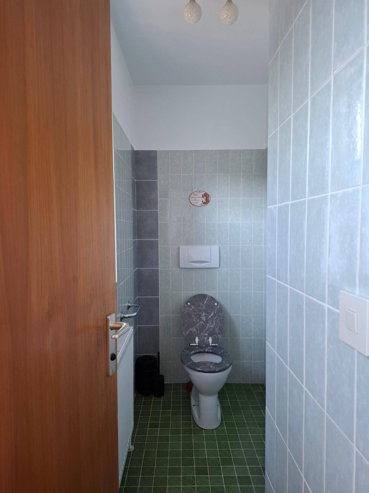 Kleines Gäste-WC mit grünen und grauen Fliesen sowie einer Toilette.