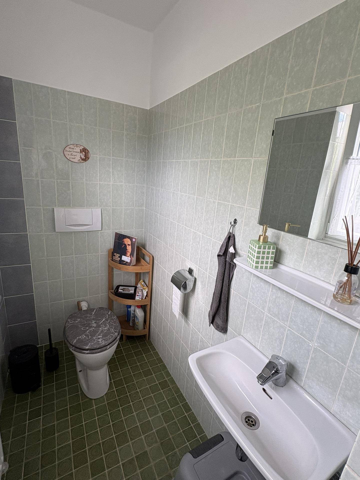 Funktionales Gäste-WC mit grünen und grauen Fliesen, Toilette und kleinem Waschbecken.