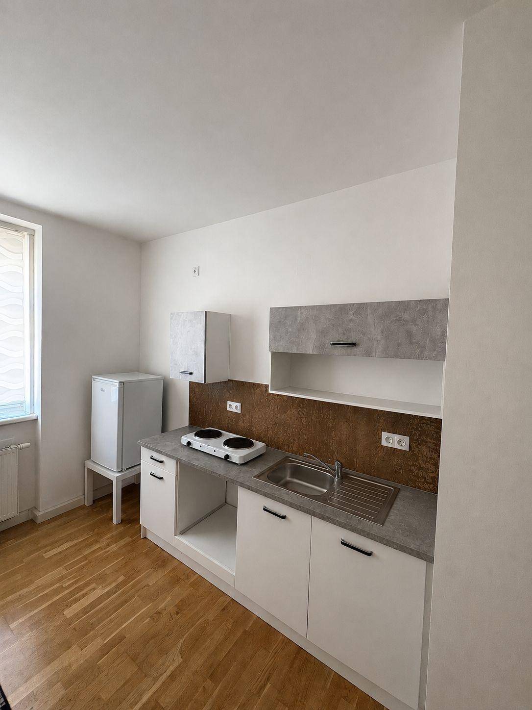 Kleine Küchenzeile mit Spüle, Kochplatten und Kühlschrank in hellem Raum.
