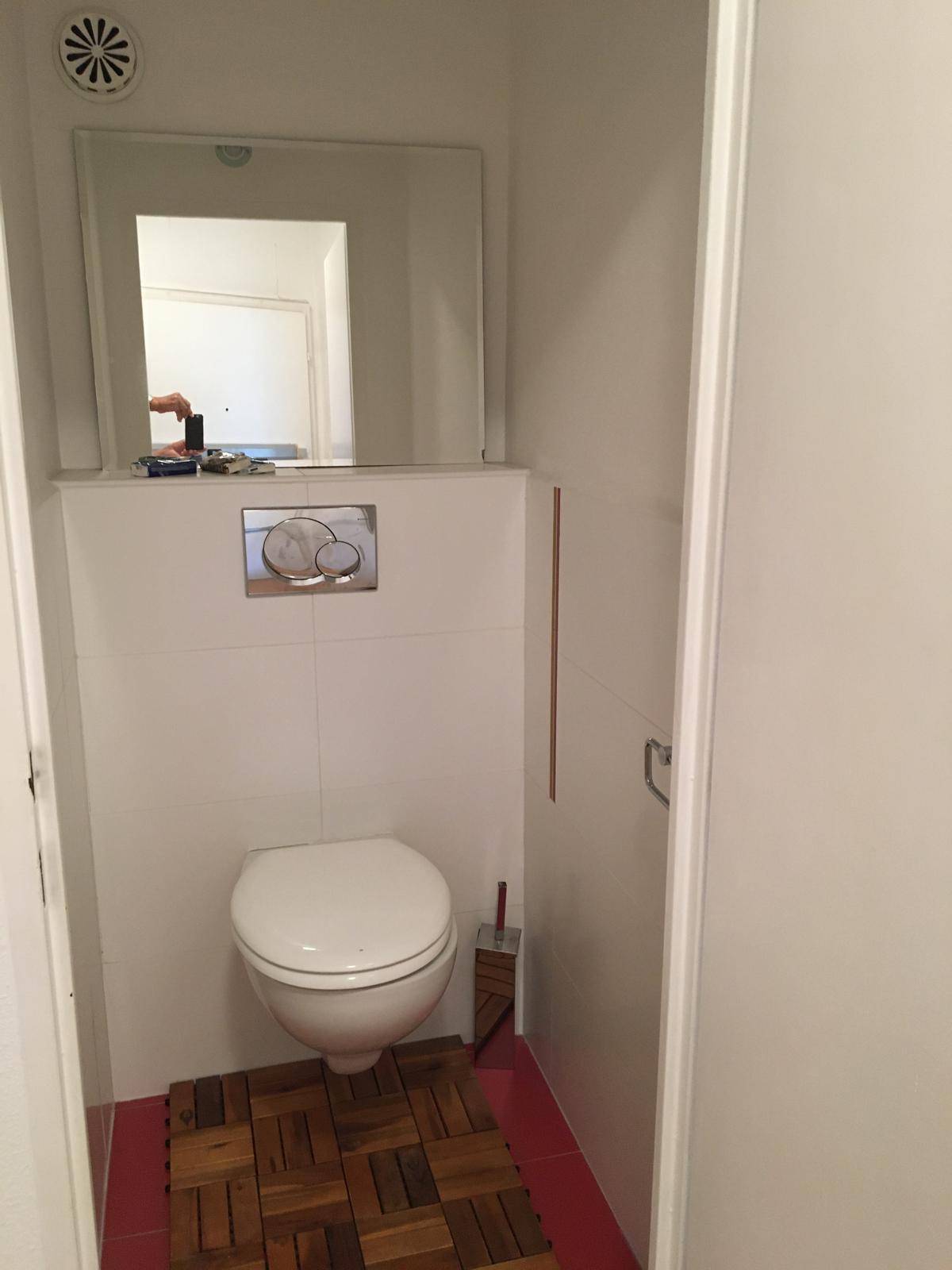 Separates WC mit wandhängender Toilette und kleinem Spiegel, ausgestattet mit Holzbodenfliesen.