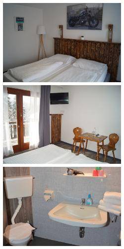 Eine Collage aus drei Bildern, die verschiedene Bereiche eines Zimmers und ein Badezimmer zeigen.